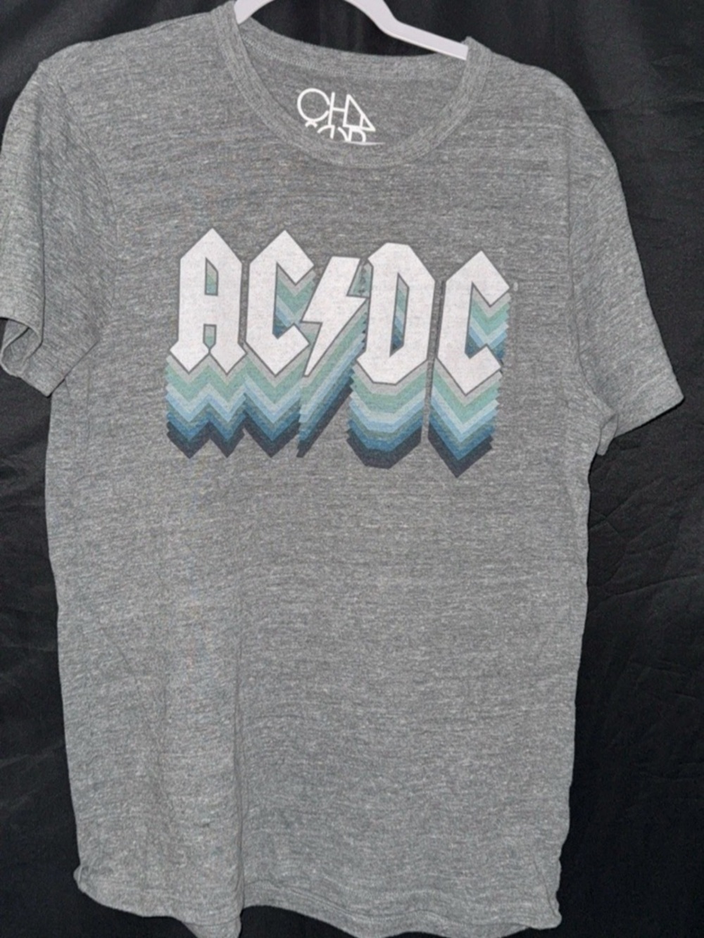 Chaser Gray AC/DC Graphic Tee with Blue-Green Chevron Print